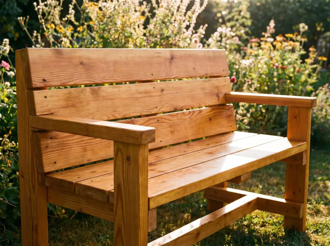 Eine **coole Gartenbank selber bauen** ist gar nicht schwer! Dieses Schmuckstück aus Holz steht im Sonnenschein inmitten blühender Blumen.