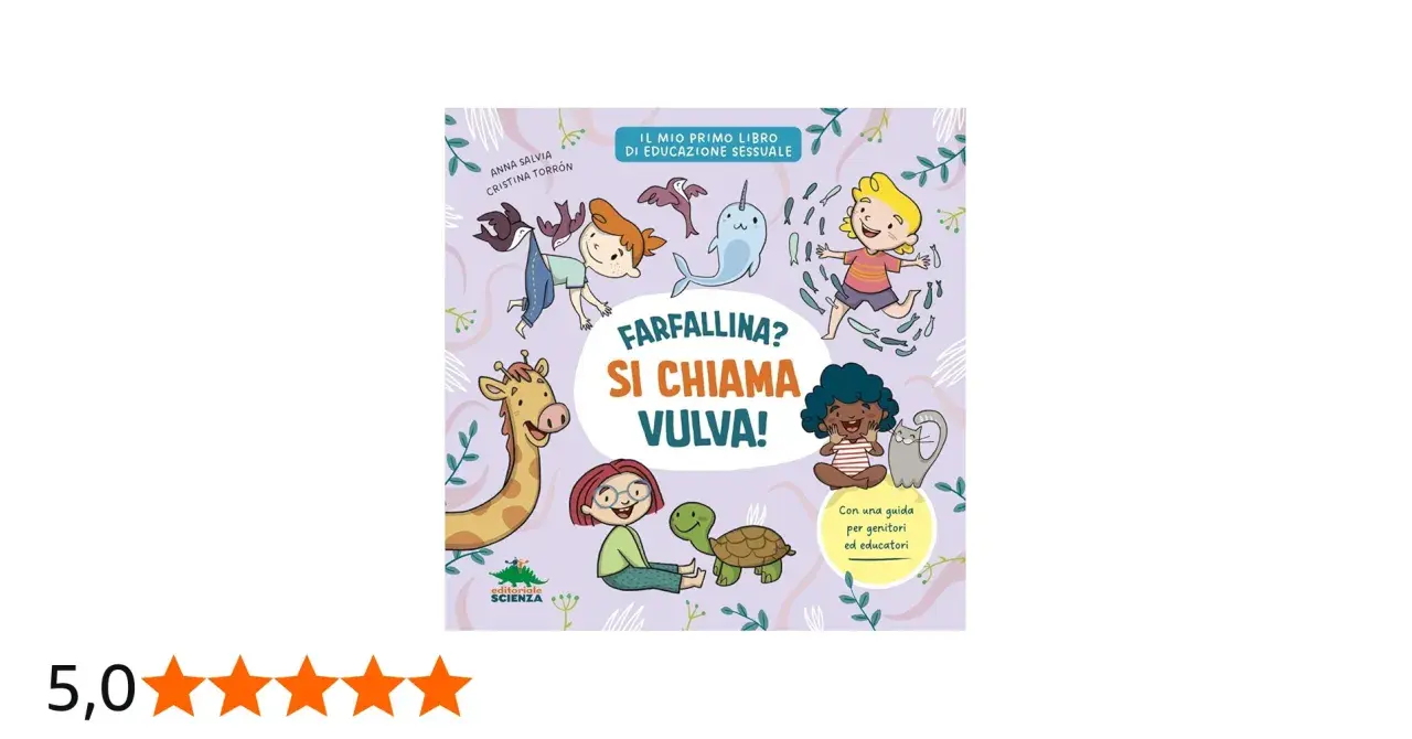 Copertina libro "Farfallina? Si chiama Vulva!", con bambini, animali e il tema della vagina neonata.