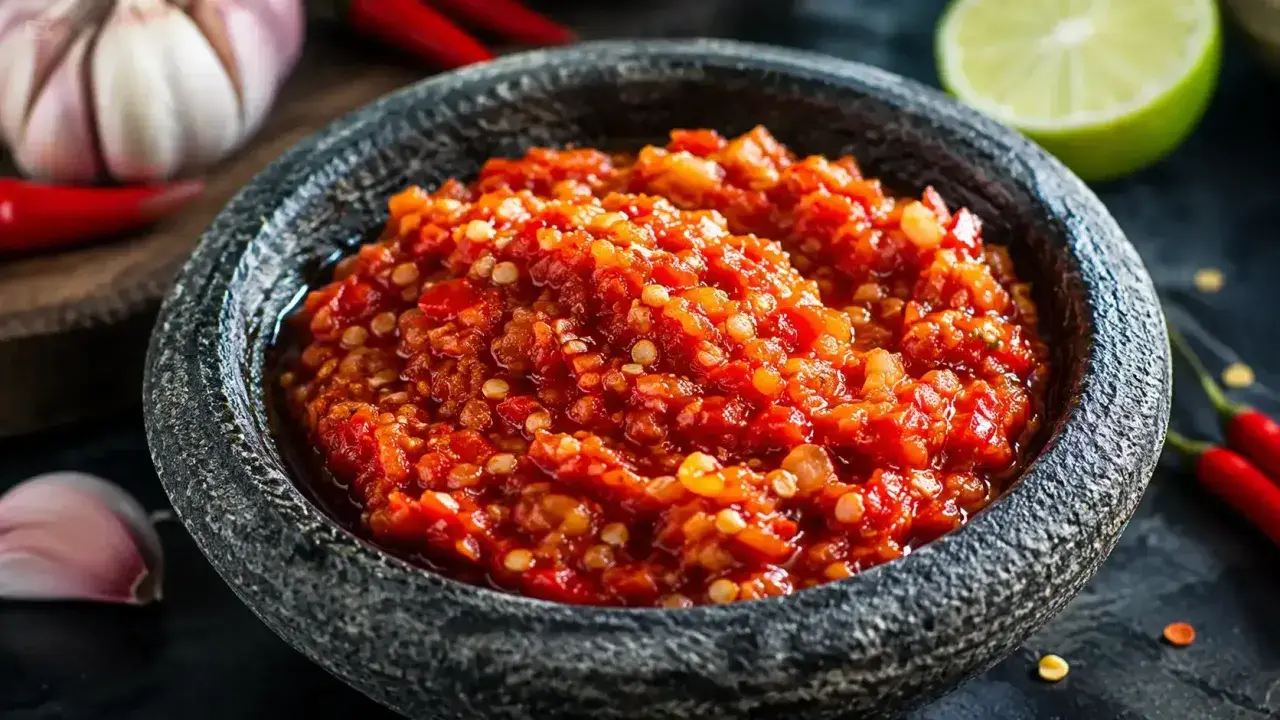 En skål med kryddig sambal oelek sås, omgiven av färska chilifrukter, vitlök och en limeklyfta. Perfekt för att ge hetta till maten.