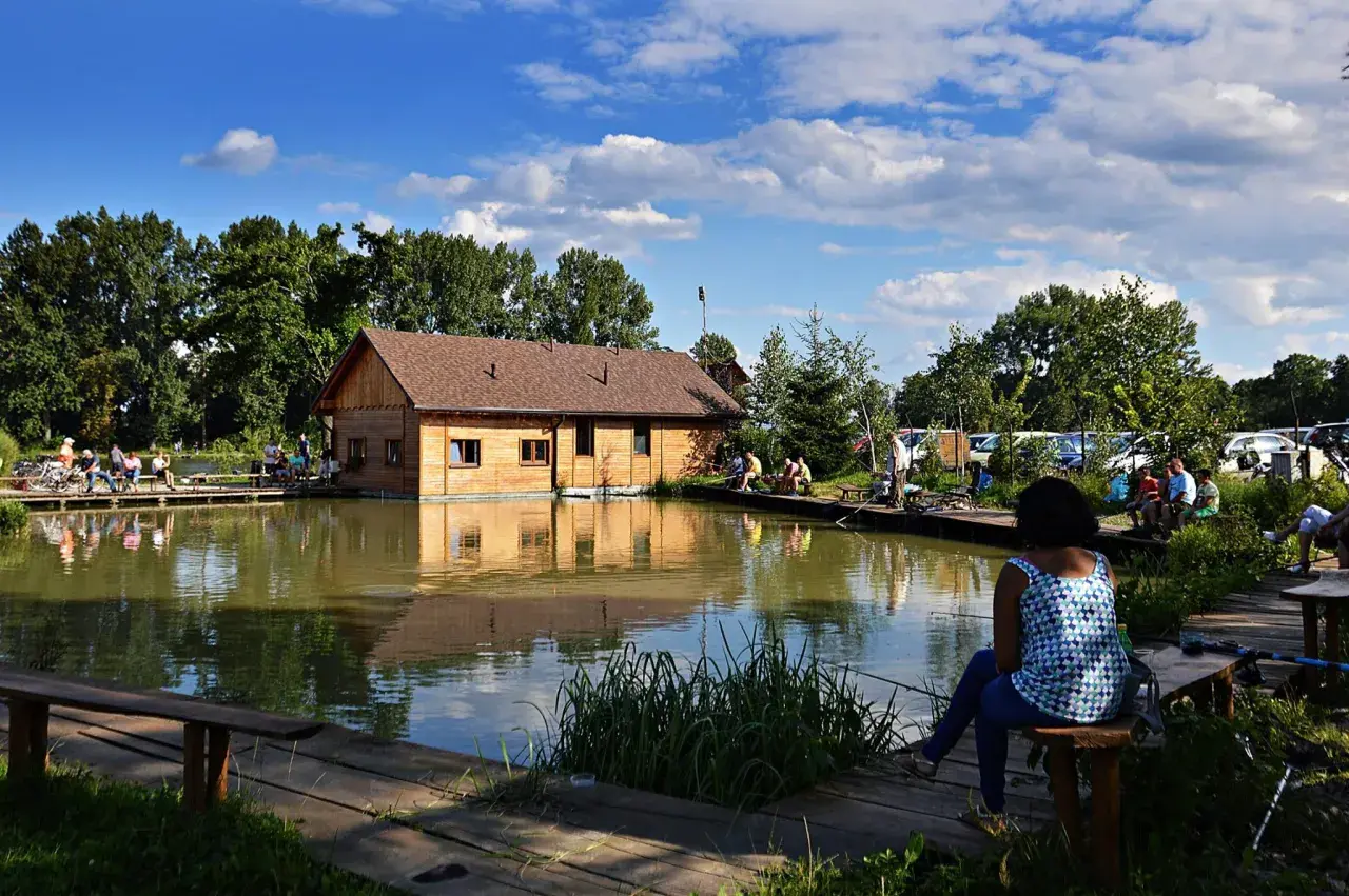 Ludzie łowią ryby na drewnianych pomostach przy drewnianym domku. To popularne łowiska komercyjne na Dolnym Śląsku.