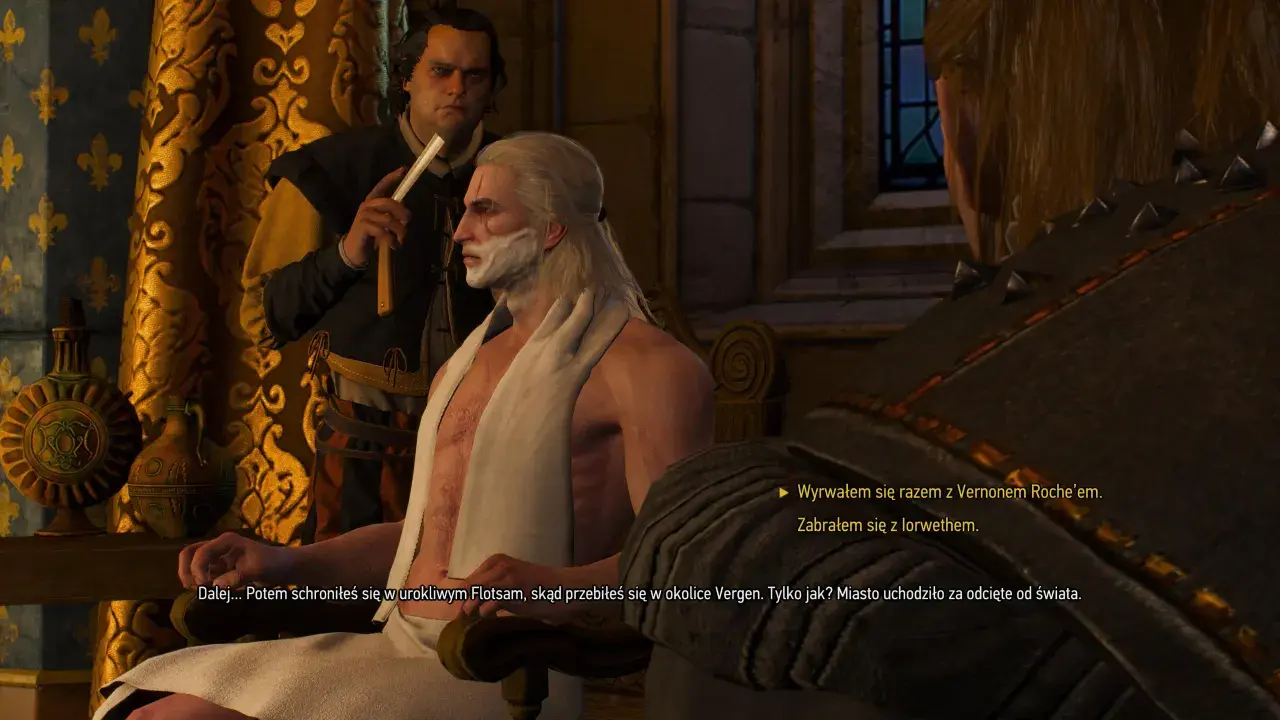 Geralt z W2, golony brzytwą, słucha opowieści o ucieczce z Flotsam.