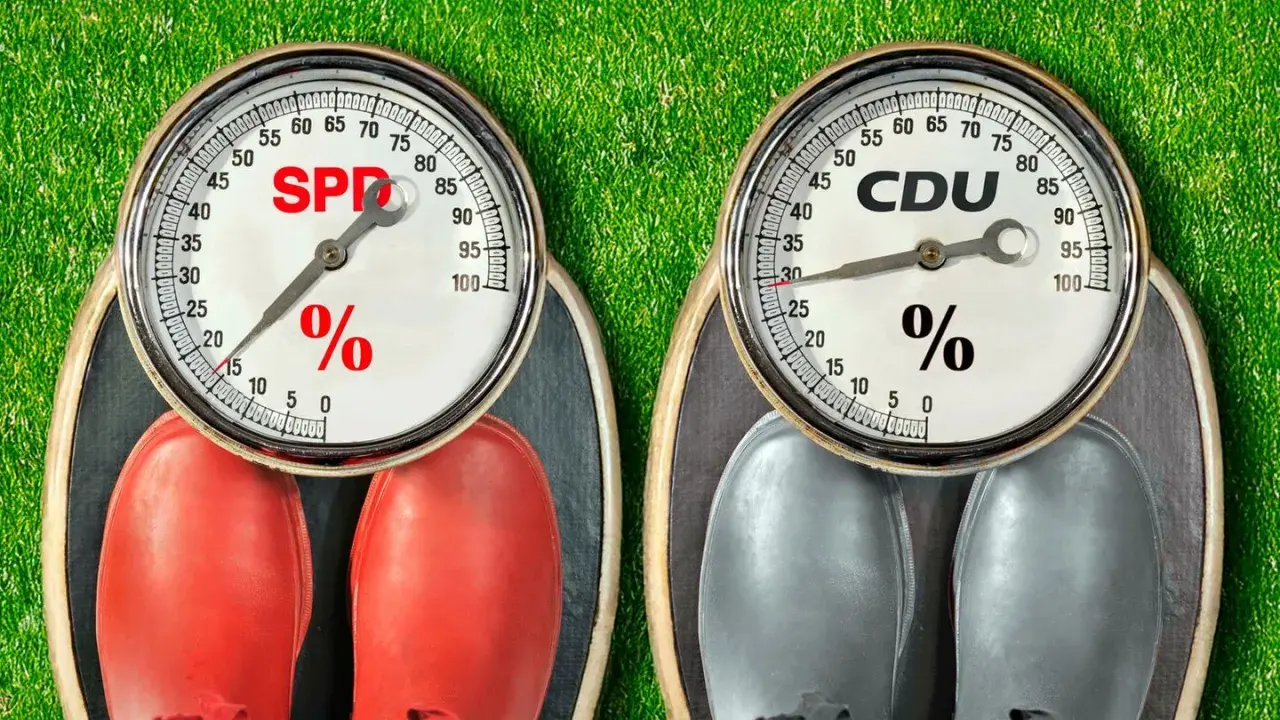 Zwei Waagen mit Parteisymbolen: SPD und CDU. Die Waagen zeigen Prozentwerte, die auf die Stärke der koalition parteien hindeuten.