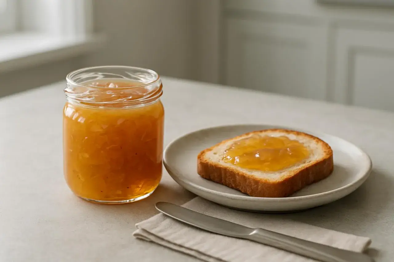 En burk med rabarbermarmelad med citron står bredvid en rostad brödskiva med marmelad på. En kniv och en servett ligger på bordet.
