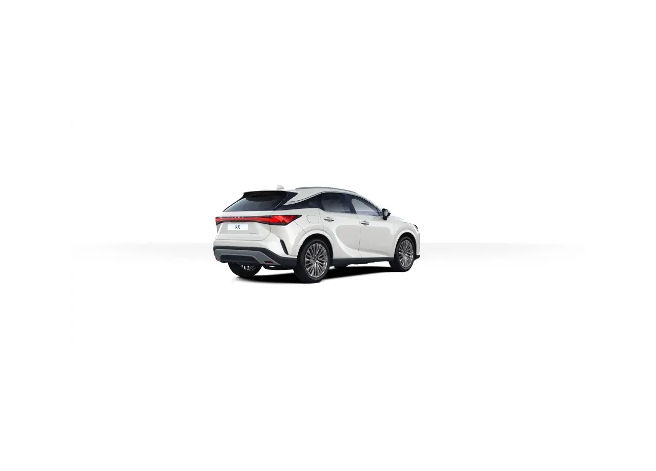 Biały Lexus RX z tyłu, z widocznymi światłami i felgami. Sprawdź jego wymiary, by dopasować do swoich potrzeb.