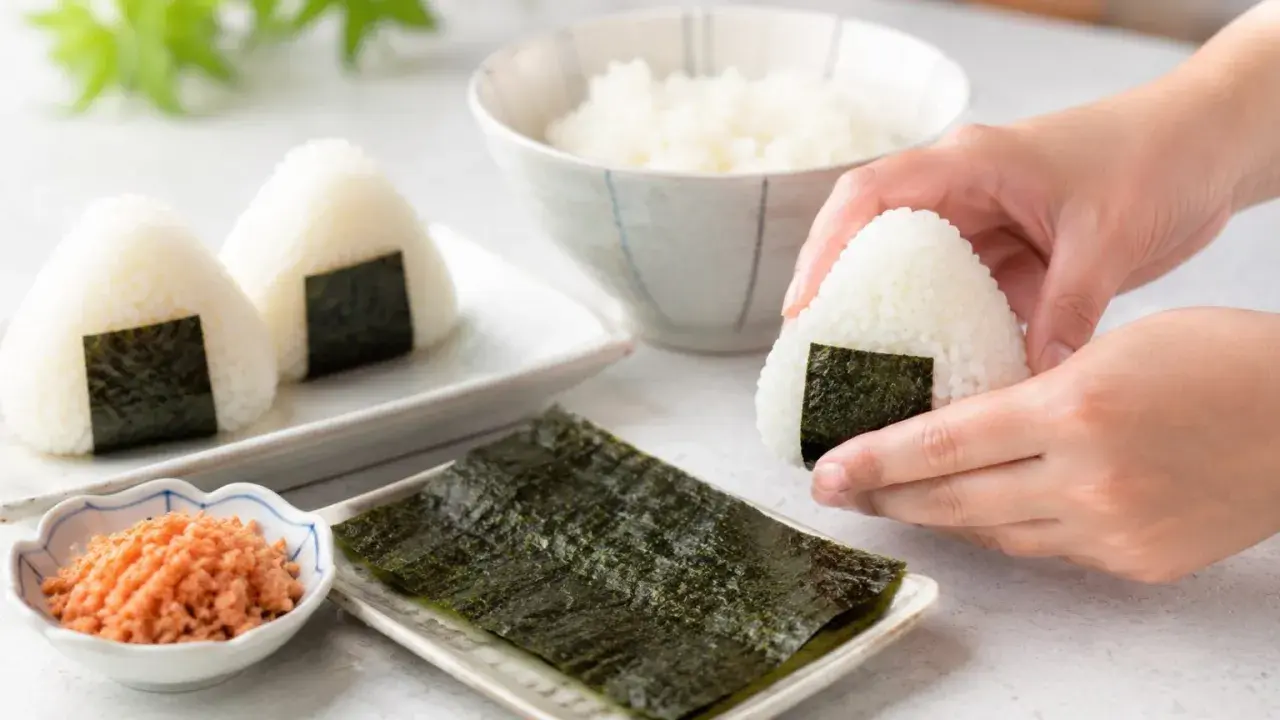 Dłonie formują pyszne onigiri. Obok miseczka z ryżem, nori i posypką.
