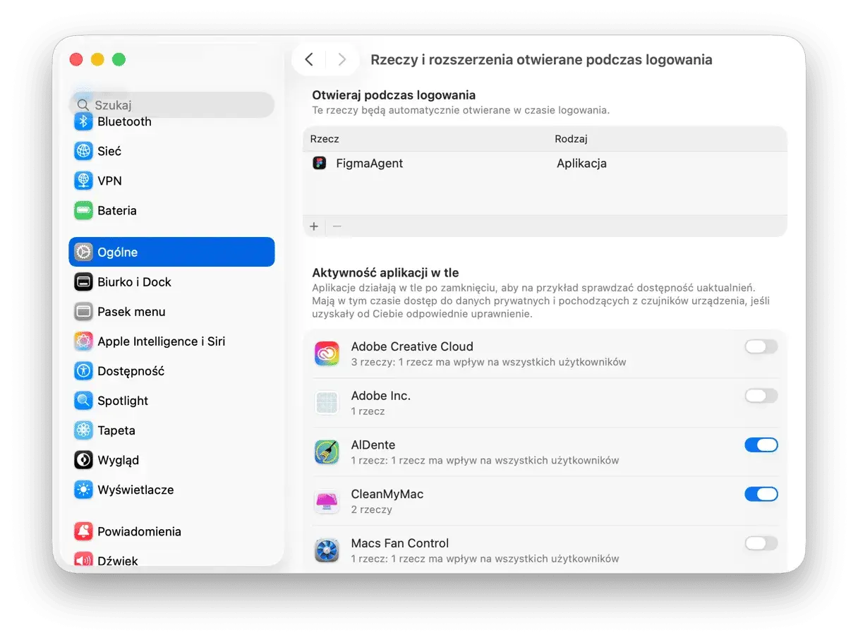Ustawienia w monitorze aktywności mac: aplikacje otwierane przy logowaniu i działające w tle.
