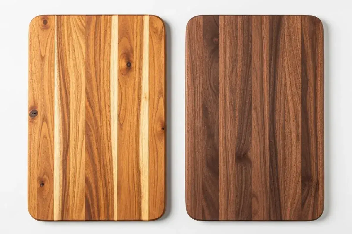 Two wooden cutting boards side-by-side: one light acacia wood, the other dark walnut.