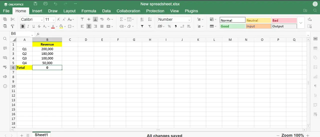 Foglio di calcolo Excel con ricavi trimestrali e totale. Il calcolo iterativo è pronto per essere inserito.