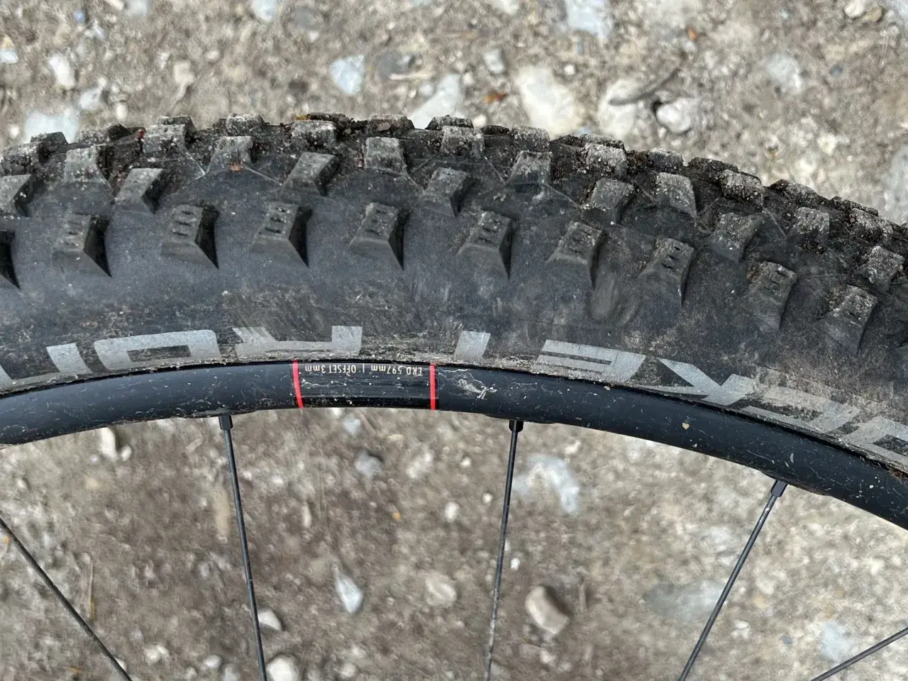 Close-up of a Schwalbe Rocket Ron tire on a mountain bike wheel, ready for a review. The tread is visible, along with rim details.