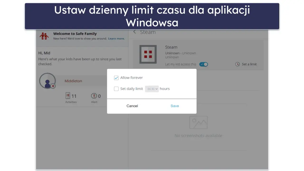 Ustawienia kontroli rodzicielskiej Windowsa: okno dialogowe pozwala ustawić dzienny limit czasu dla aplikacji Steam lub zezwolić na dostęp na stałe.