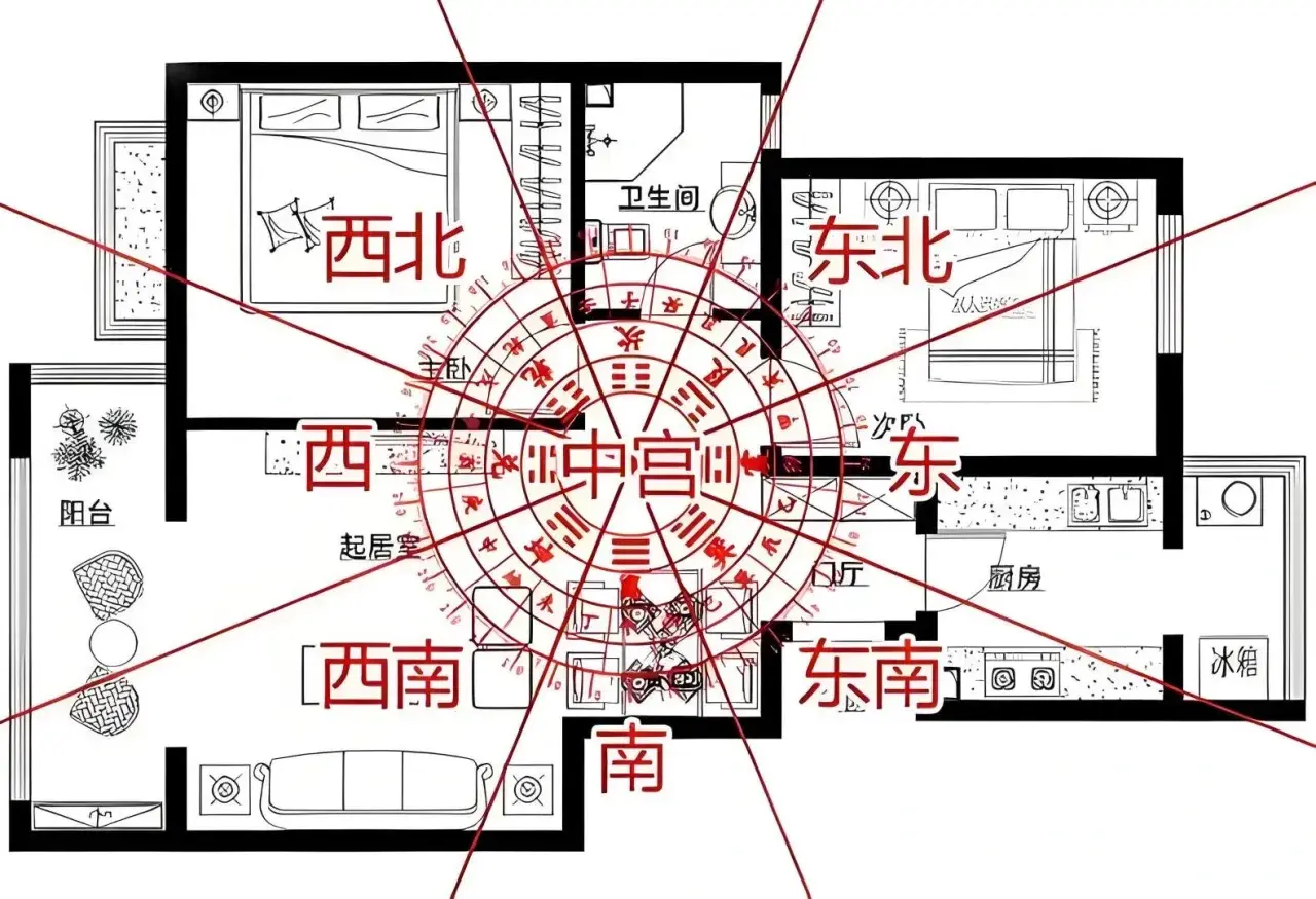Schema di una casa con sovrapposto il **ba gua feng shui**. Le direzioni cardinali e i trigrammi guidano l'analisi energetica degli ambienti.