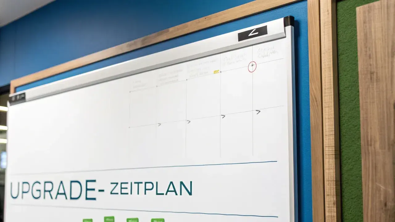 Upgrade-Zeitplan auf Whiteboard. Der Support-Ende von Office 2019 ist bald, daher wird hier der Plan für das Upgrade erstellt.
