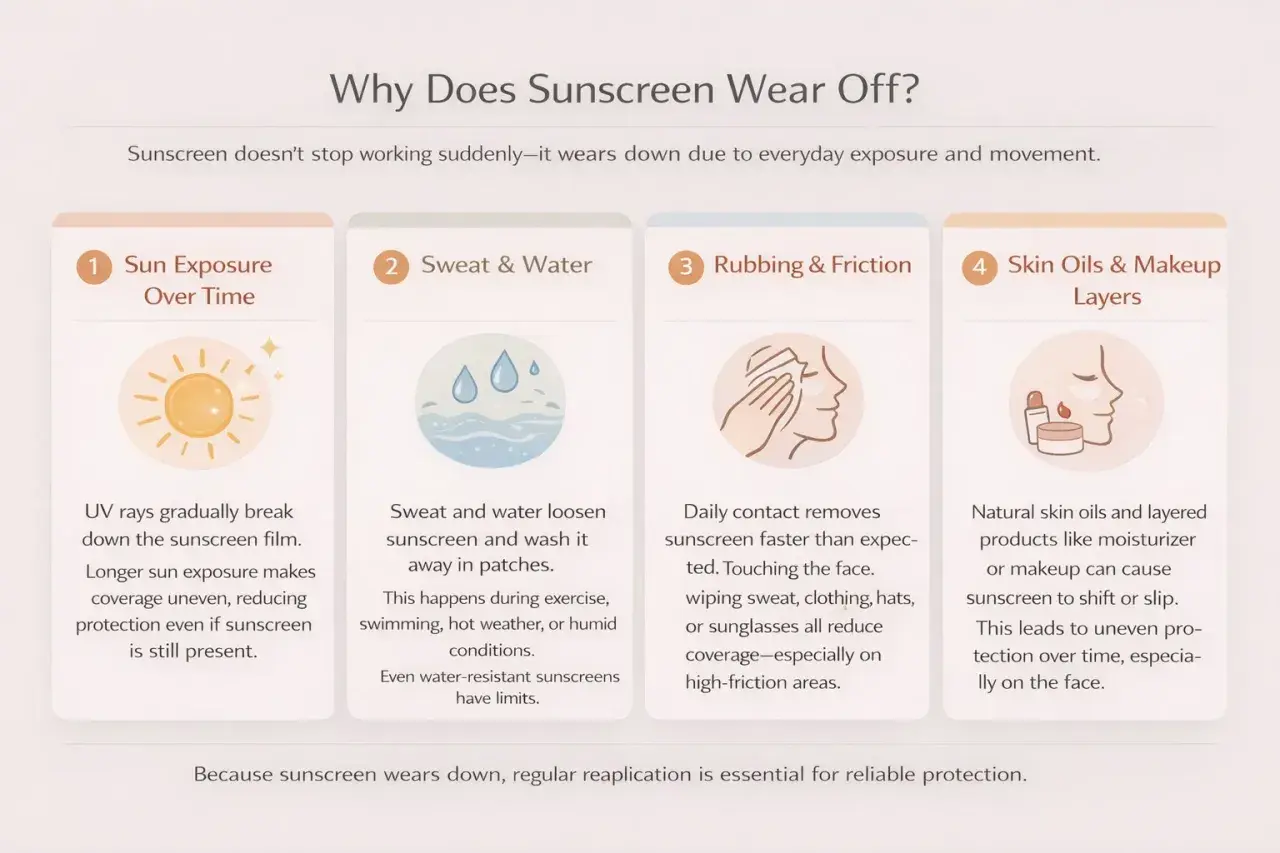 Explication des raisons pour lesquelles la durée de la crème solaire est limitée : exposition au soleil, transpiration, frottements et sébum/maquillage.
