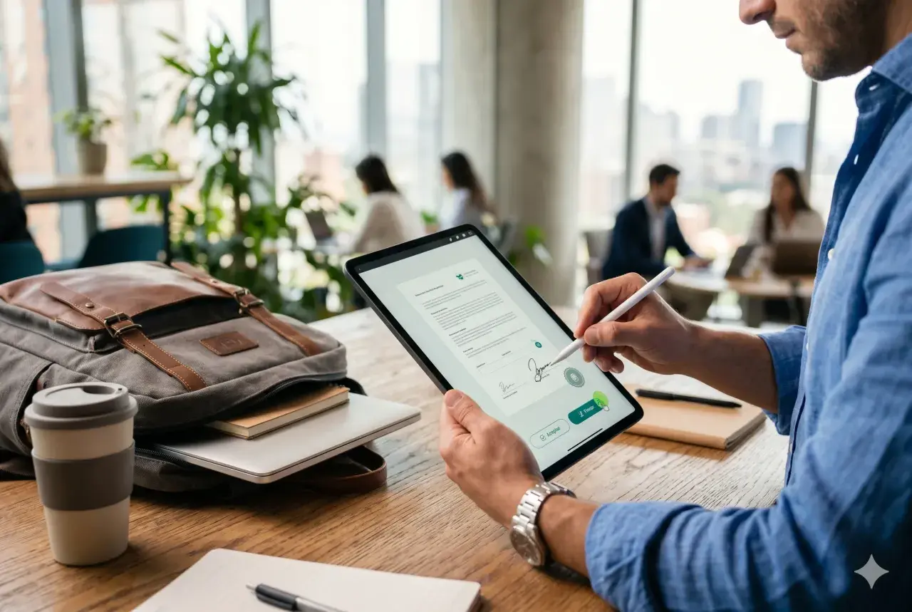 Hombre firma digitalmente un documento en tablet, un proceso clave para saber como renovar el certificado electronico.