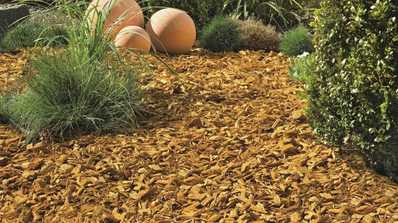 Ein schön angelegtes Beet mit Rindenmulch, Ziergräsern und dekorativen Kugeln.