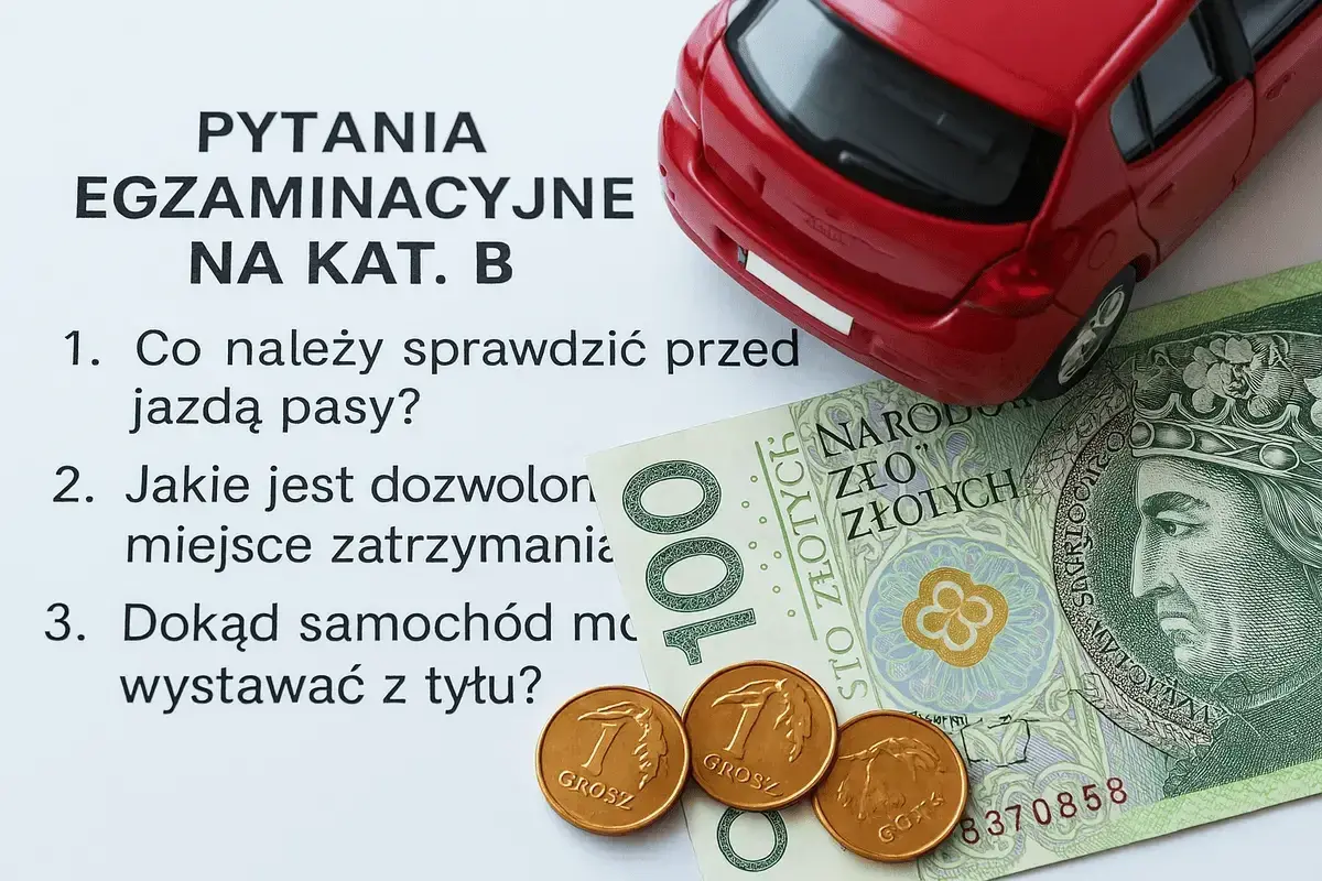Pytania egzaminacyjne na kat. B, czerwony samochodzik, banknot 100 zł i monety. Zastanawiasz się, prawo jazdy ile kosztuje?