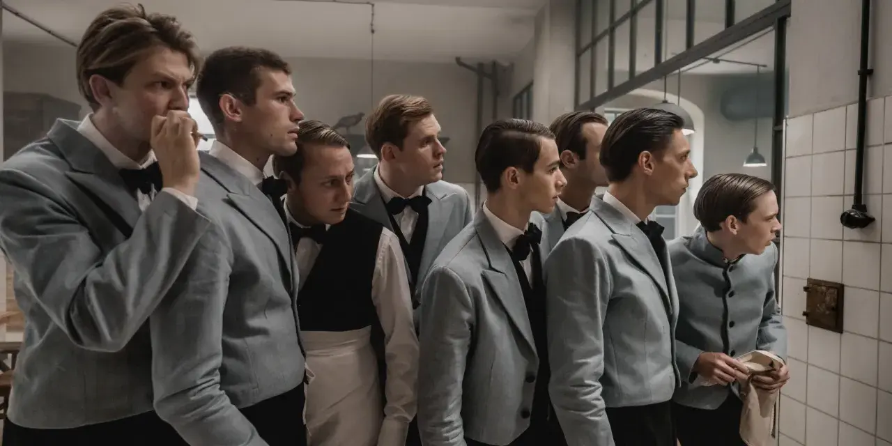 Grupa młodych mężczyzn w jasnych garniturach i muszkach, jakby przygotowujących się do premiery filmu. Filip film recenzja.