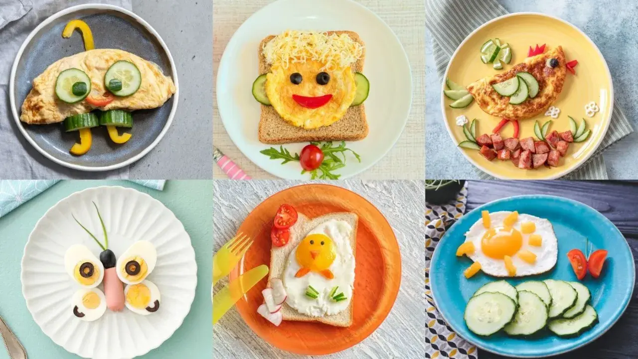 Des assiettes pleines d'imagination pour une recette œuf enfant : un parapluie, un visage, un poulet, un papillon, un poussin et un soleil.