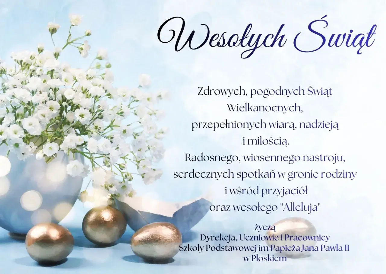 Wiersz dla kolegi: bukiet gipsówki, złote jajka i życzenia świąteczne.