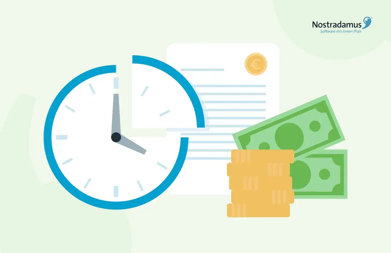 Uhr, Geld und Dokumente symbolisieren die **Minijob Steuern**. Zeit ist Geld, besonders bei der Abrechnung.