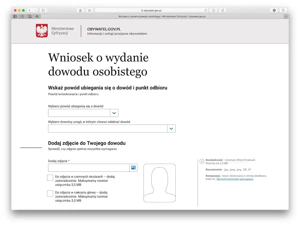 Formularz wniosku o dowód osobisty. Wybierz powód, urząd odbioru i dodaj zdjęcie.