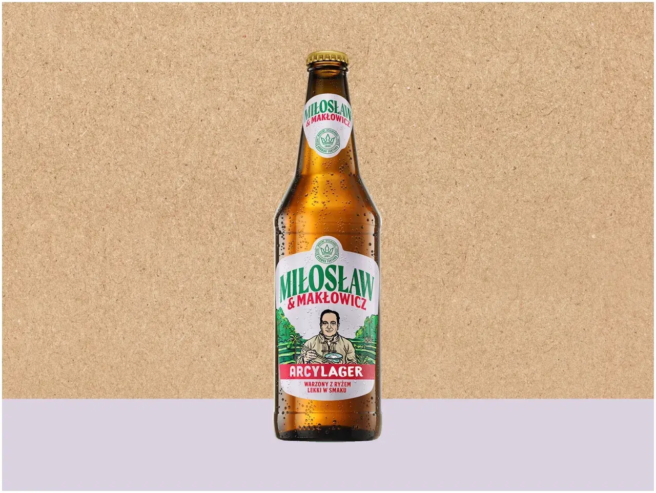 Szklana butelka piwa Miłosław & Makłowicz Arcy Lager, warzonego z ryżem, lekkiego w smaku.