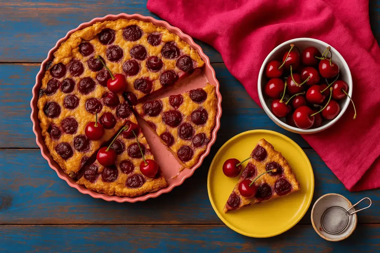 Un délicieux clafoutis aux cerises, encore chaud, est servi dans un plat rose. Une part est déjà sur une assiette jaune, accompagnée de cerises fraîches.