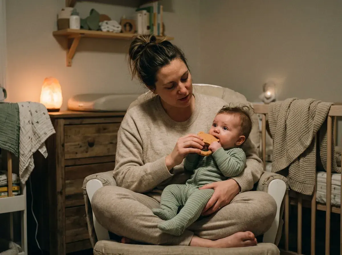 Mamma tröstar bebis med magont och ger en bitring. Mysig kvällsstämning med dämpad belysning.