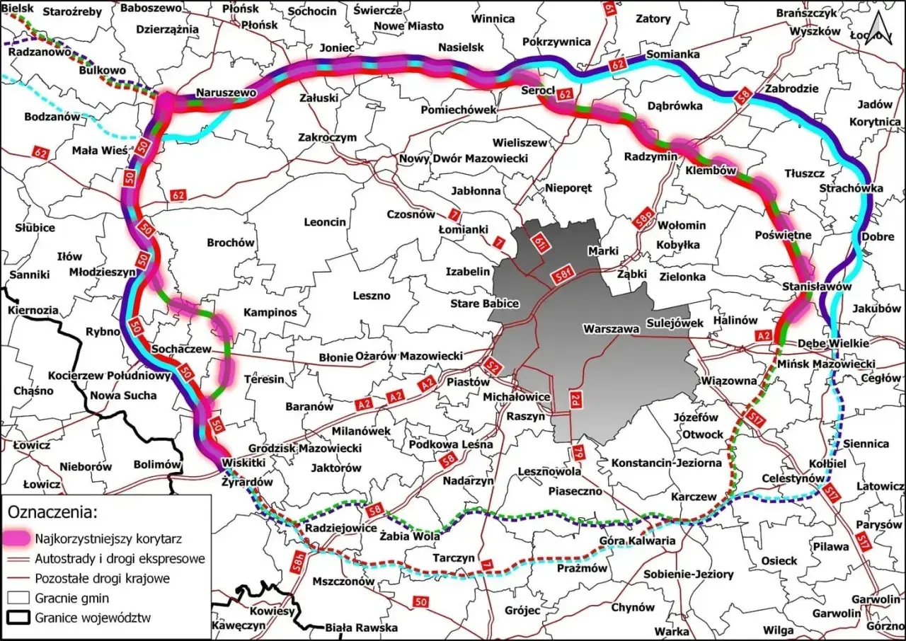 Trasa od Krakowa do Zakopanego, z zaznaczonymi autostradami i proponowanymi korytarzami dróg ekspresowych.