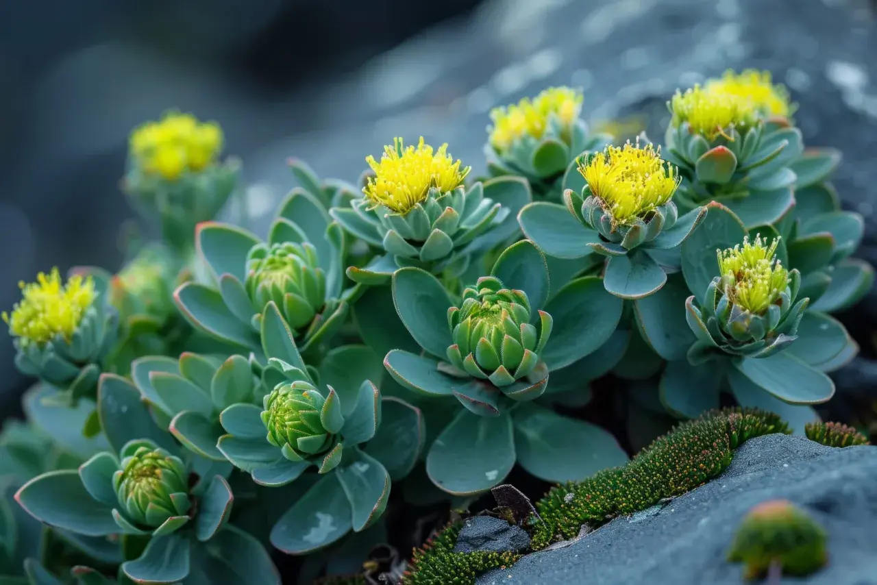 Roccioso paesaggio con piante succulente verdi e gialli fiori. La rodiola, nota per le sue proprietà adattogene, fiorisce con vigore, simbolo di vitalità e sessualità.