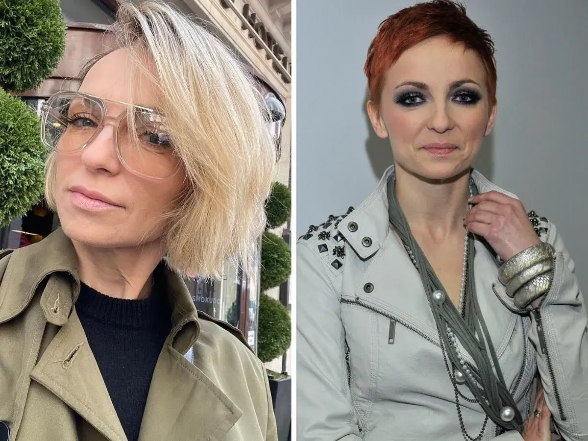 Anna Wyszkoni w dwóch odsłonach: z blond włosami i okularami, oraz z krótkimi rudymi włosami i wyrazistym makijażem.