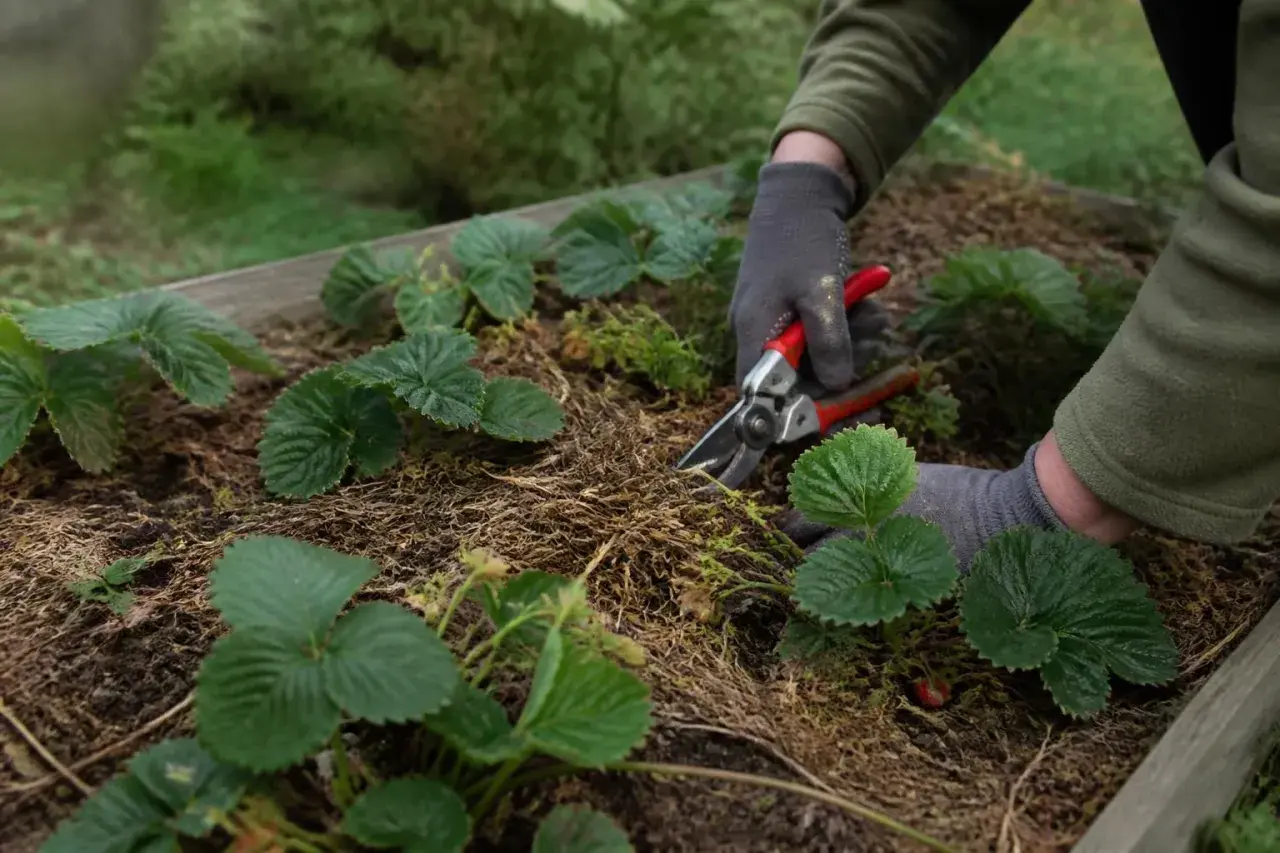 Hände in Handschuhen schneiden mit einer Gartenschere die Erde um junge Erdbeerpflanzen. Die Erdbeeren nach der Ernte werden gepflegt.