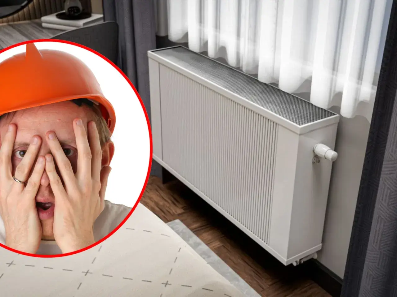 Zmartwiony mężczyzna w kasku przy grzejniku. Czyżby czekało go przelewanie wody w grzejniku?