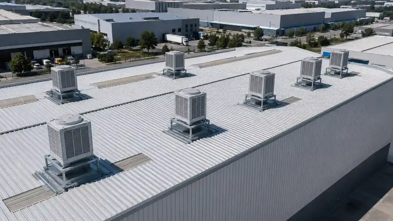 Unidades de climatización de naves industriales en tejado metálico.