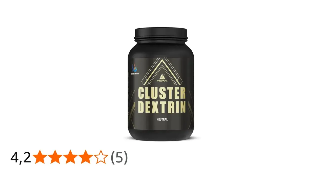 Schwarzer Behälter mit "Cluster Dextrin" Aufschrift. Die Bewertung von 4,2 Sternen deutet auf mögliche Nachteile hin, die Nutzer diskutieren.