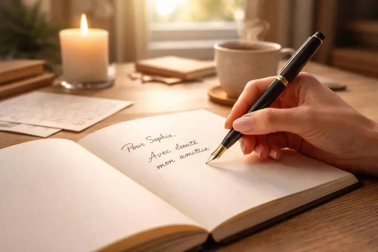 Une main écrit "Pour Sophie, Avec toute mon amitié" dans un carnet, évoquant les plus belles dédicaces de livres. Une bougie allumée et une tasse de café complètent la scène.