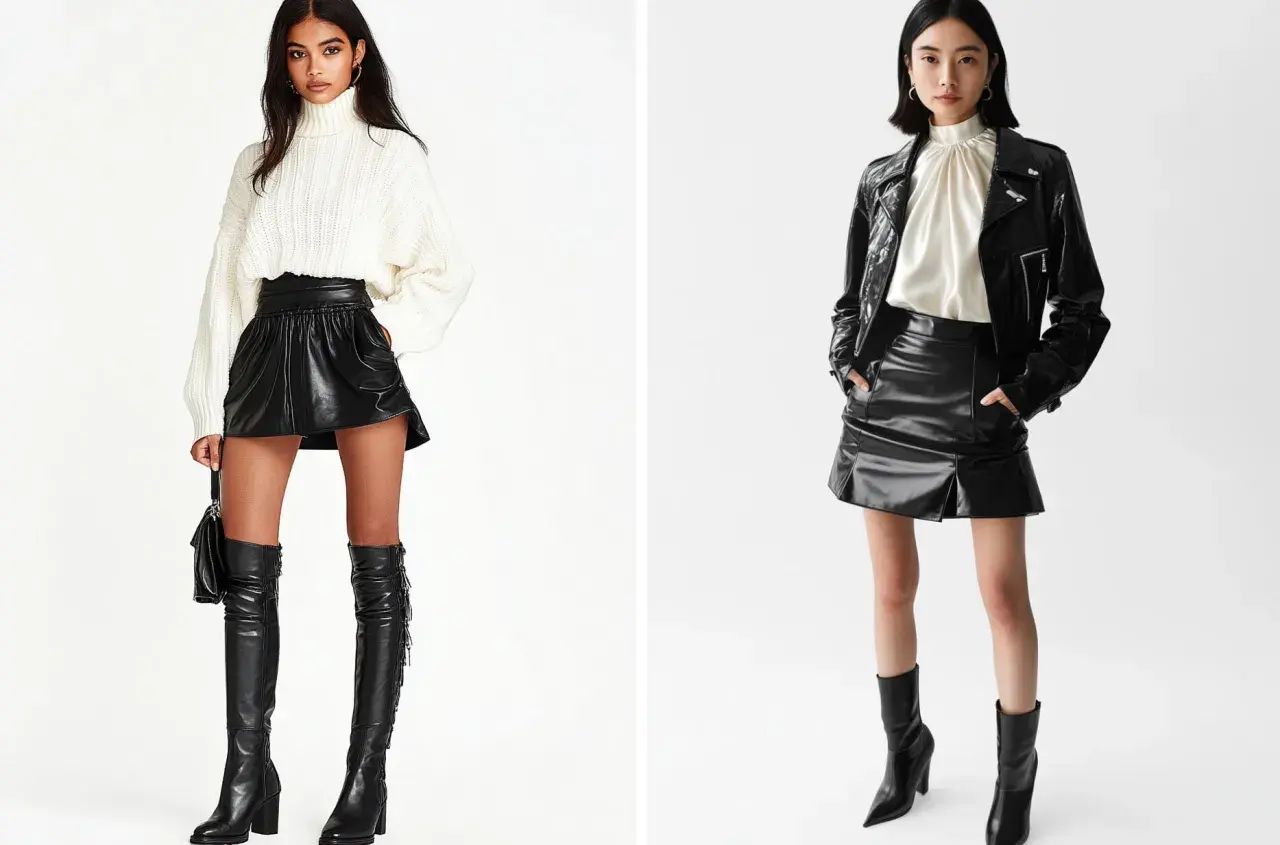 Zwei Models zeigen, wie man einen schwarzen Leder-Mininirock kombiniert: einmal mit weißem Strickpullover und Overkneestiefeln, einmal mit Lederjacke und Stiefeletten.