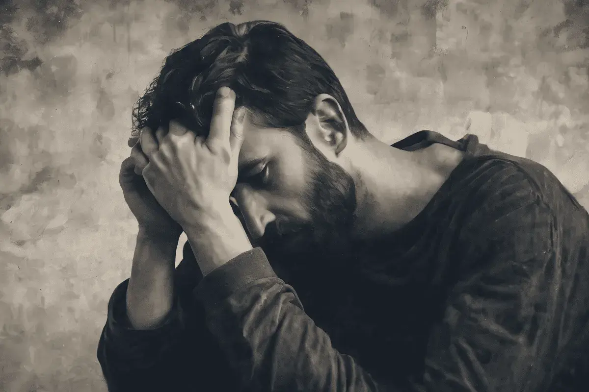 Uomo pensieroso con le mani tra i capelli, riflette su cosa scrivere ad un uomo che non ti cerca.