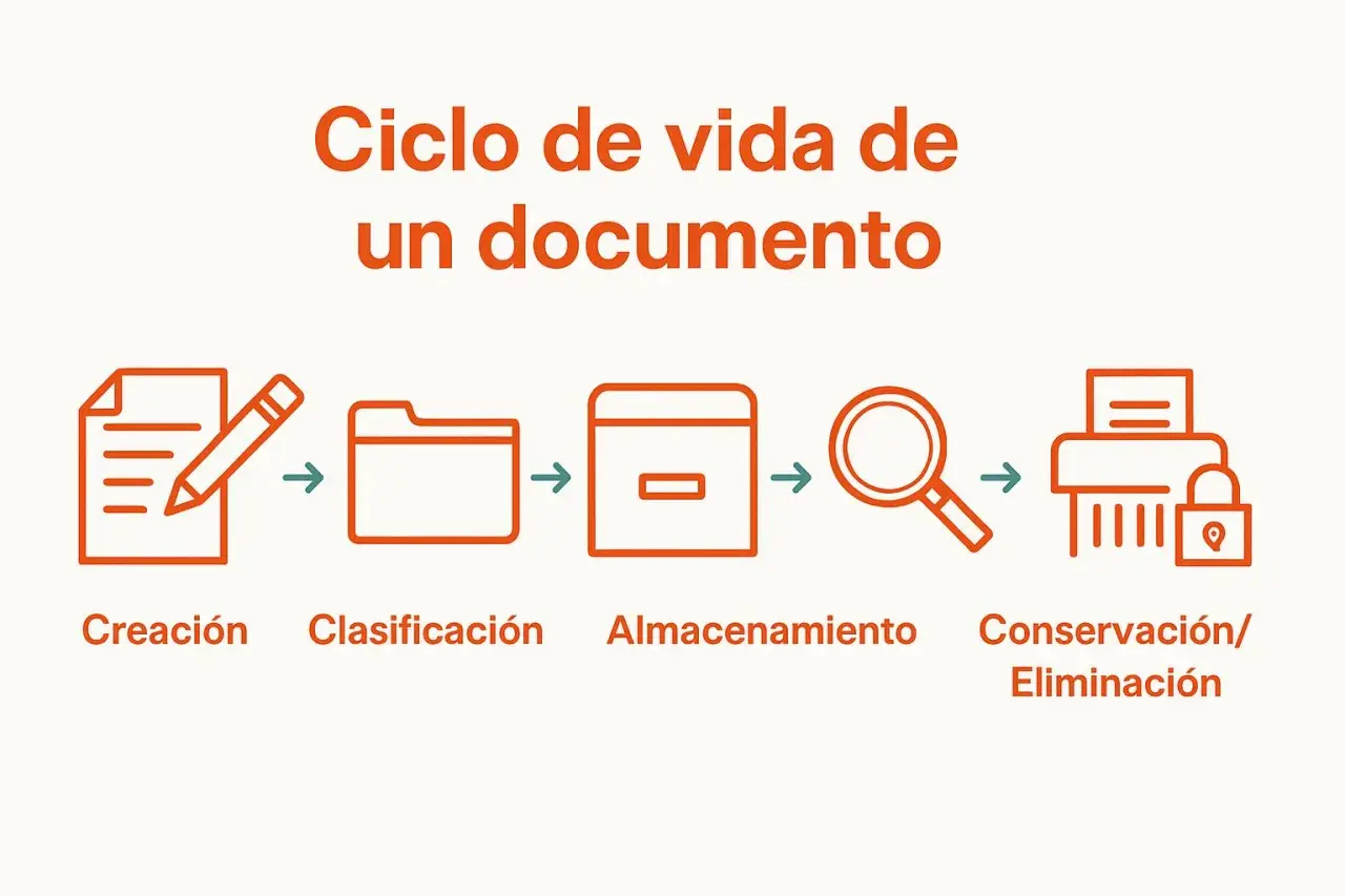 Ciclo de vida de un documento: creación, clasificación, almacenamiento, búsqueda y conservación/eliminación. Los metadatos son clave en cada etapa.