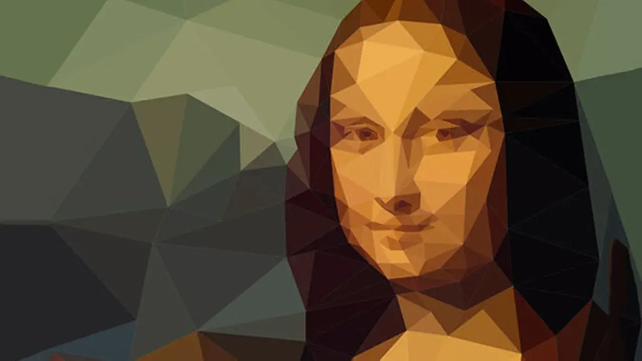 Geometrische Interpretation der Mona Lisa von Da Vinci, mit polygonalen Formen und erdigen Tönen.