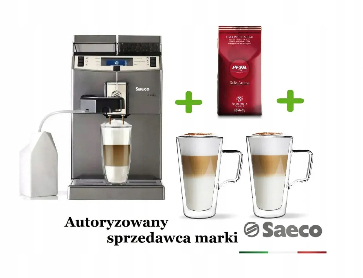 Ekspres Saeco Lirika z akcesoriami, idealny do przygotowania kawy. Pamiętaj o regularnym odkamienianiu dla najlepszych rezultatów.
