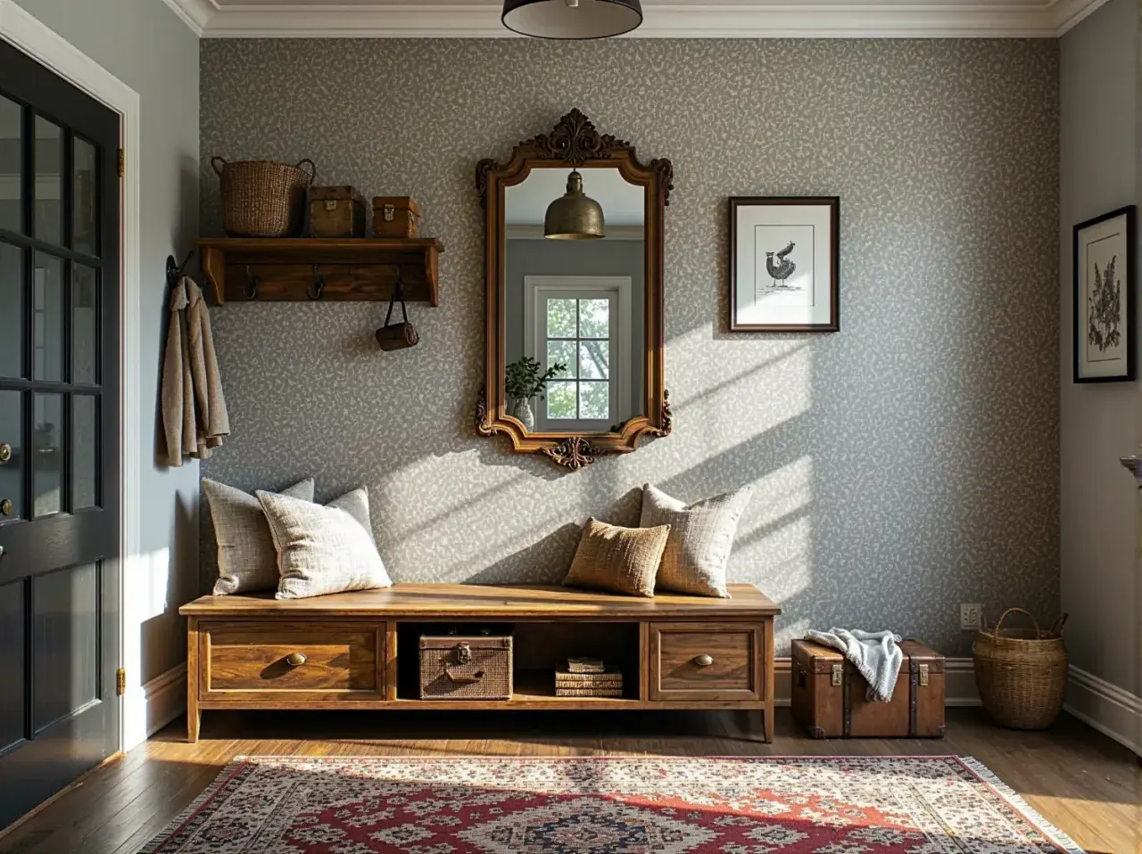 Przytulny salon w stylu vintage. Drewniana ławka, ozdobne lustro i pleciony kosz tworzą ciepłą atmosferę.