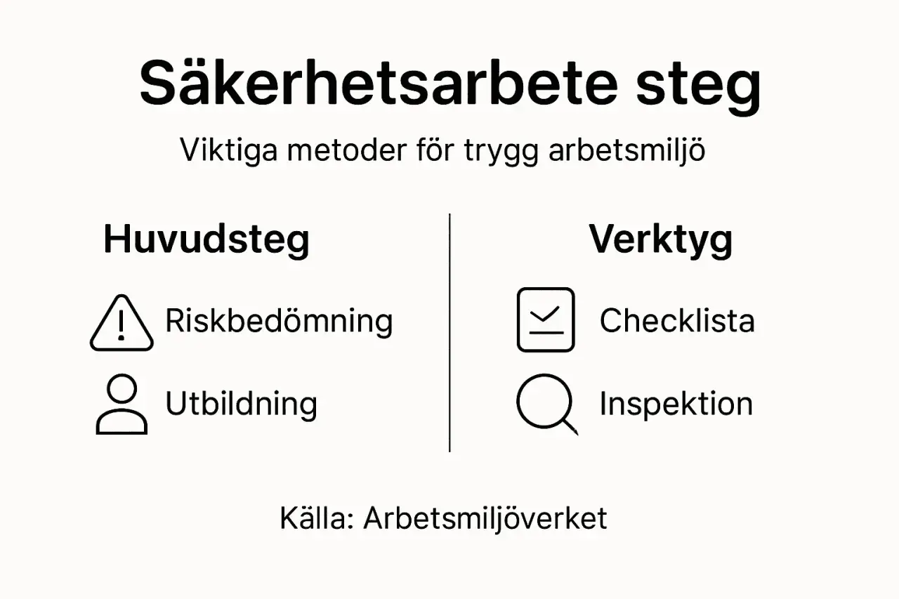 Säkerhetsarbete steg: riskbedömning, utbildning, checklista och inspektion. För att arbeta systematiskt med en trygg arbetsmiljö.