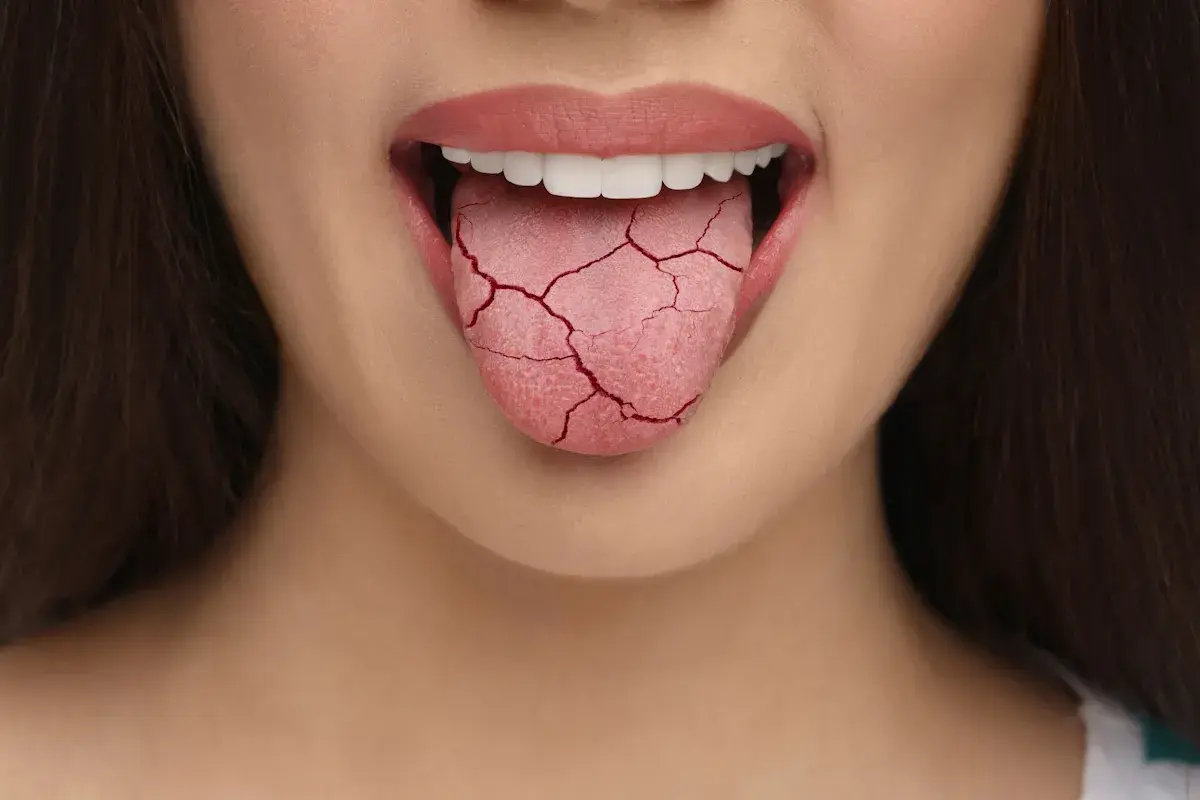 Lingua screpolata, segno di bocca secca. Cause comuni includono disidratazione, farmaci, o condizioni mediche.