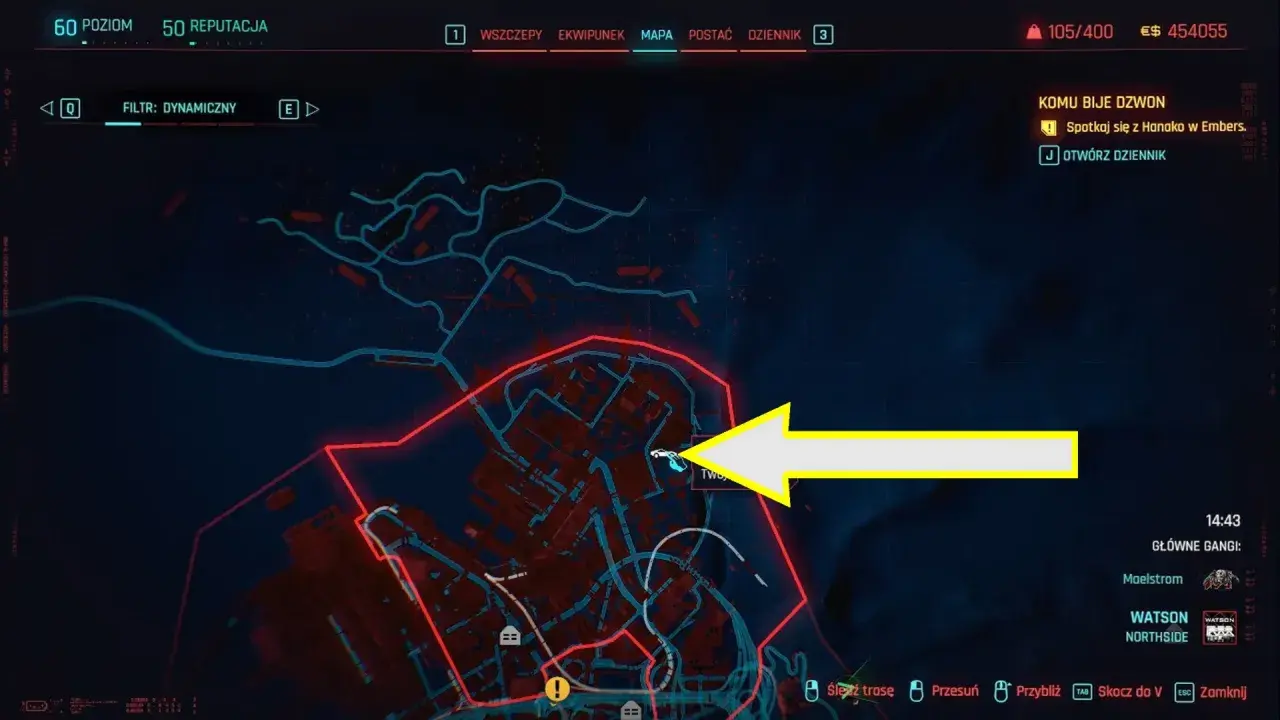 Mapa w grze cyberpunk, z zaznaczonym celem misji "Komu bije dzwon" i strzałką wskazującą numer 43.