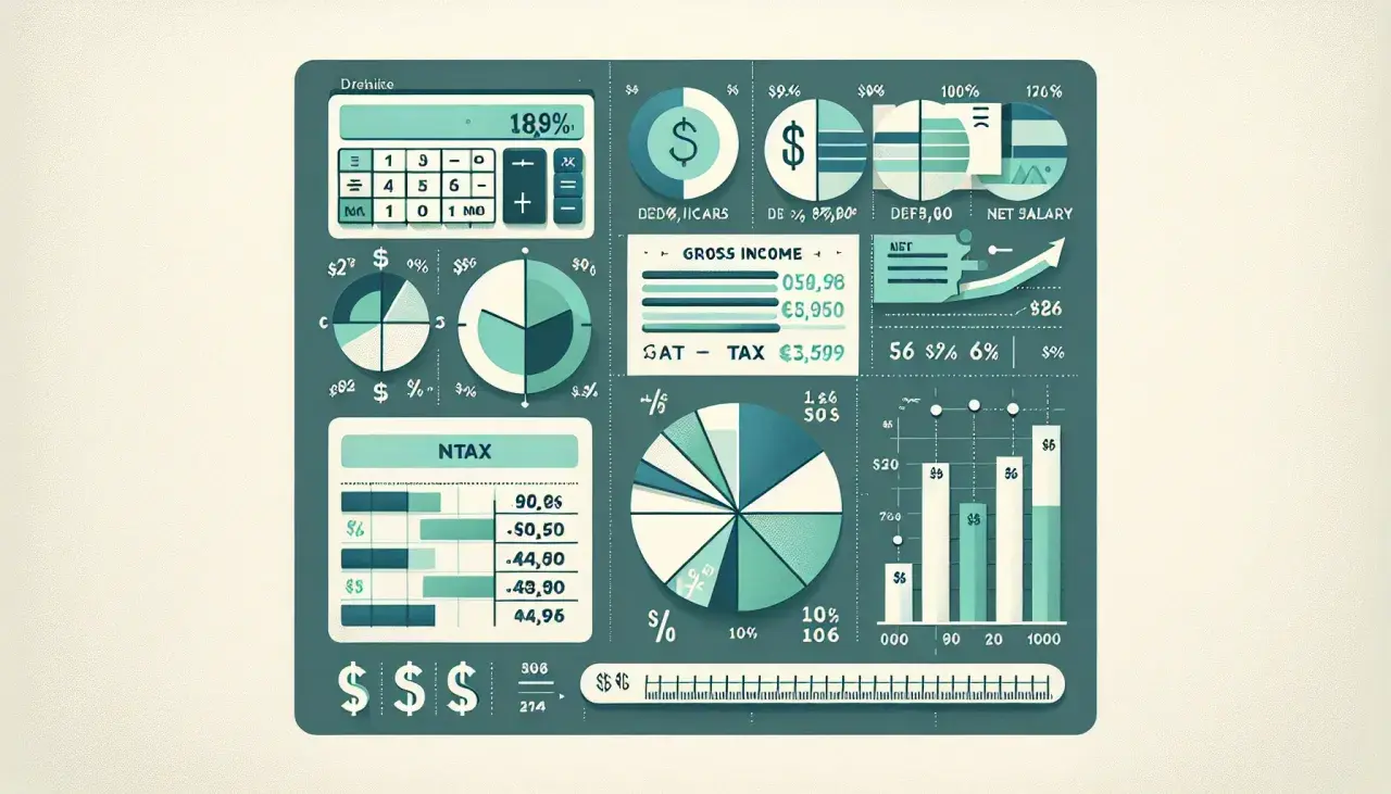 Grafik visar hur mycket betalar man i skatt. En kalkylator, cirkeldiagram och stapeldiagram illustrerar inkomster, utgifter och nettolön.