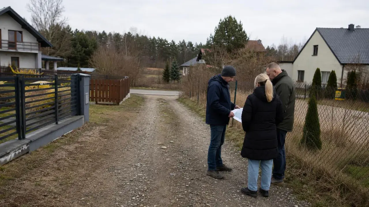 Trzy osoby omawiają mapę na żwirowej drodze. Widać domy i ogrodzenia, a także oceniany jest odległość domu od drogi służebnej.