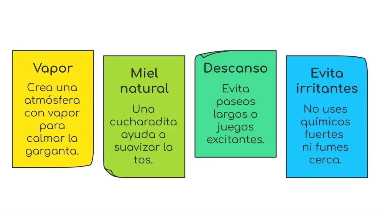 Consejos para aliviar la tos: vapor, miel natural, descanso y evitar irritantes.