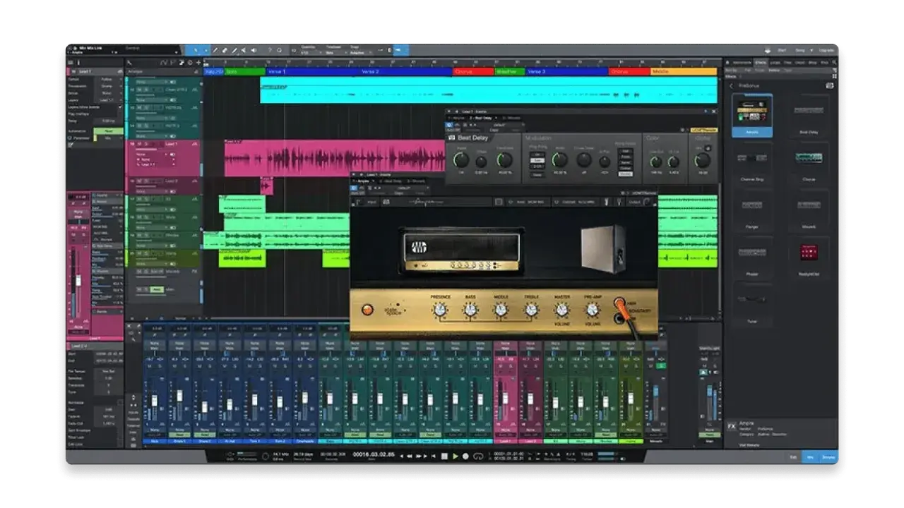 A digital audio workstation free interface displays audio tracks, a mixer, and virtual amp plugins, perfect for music production.