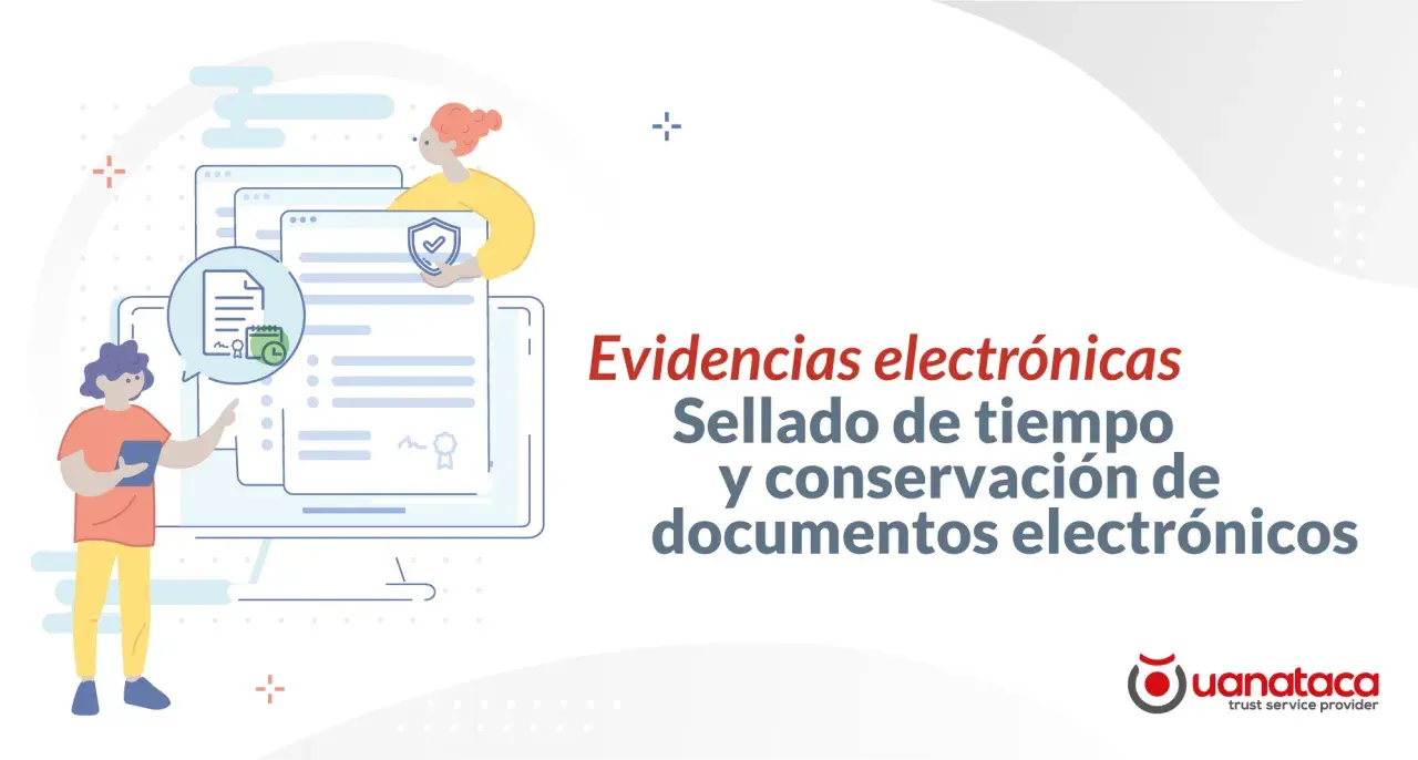 Ilustración de personas gestionando documentos electrónicos. Un servidor de marca de hora garantiza la integridad de las evidencias digitales.
